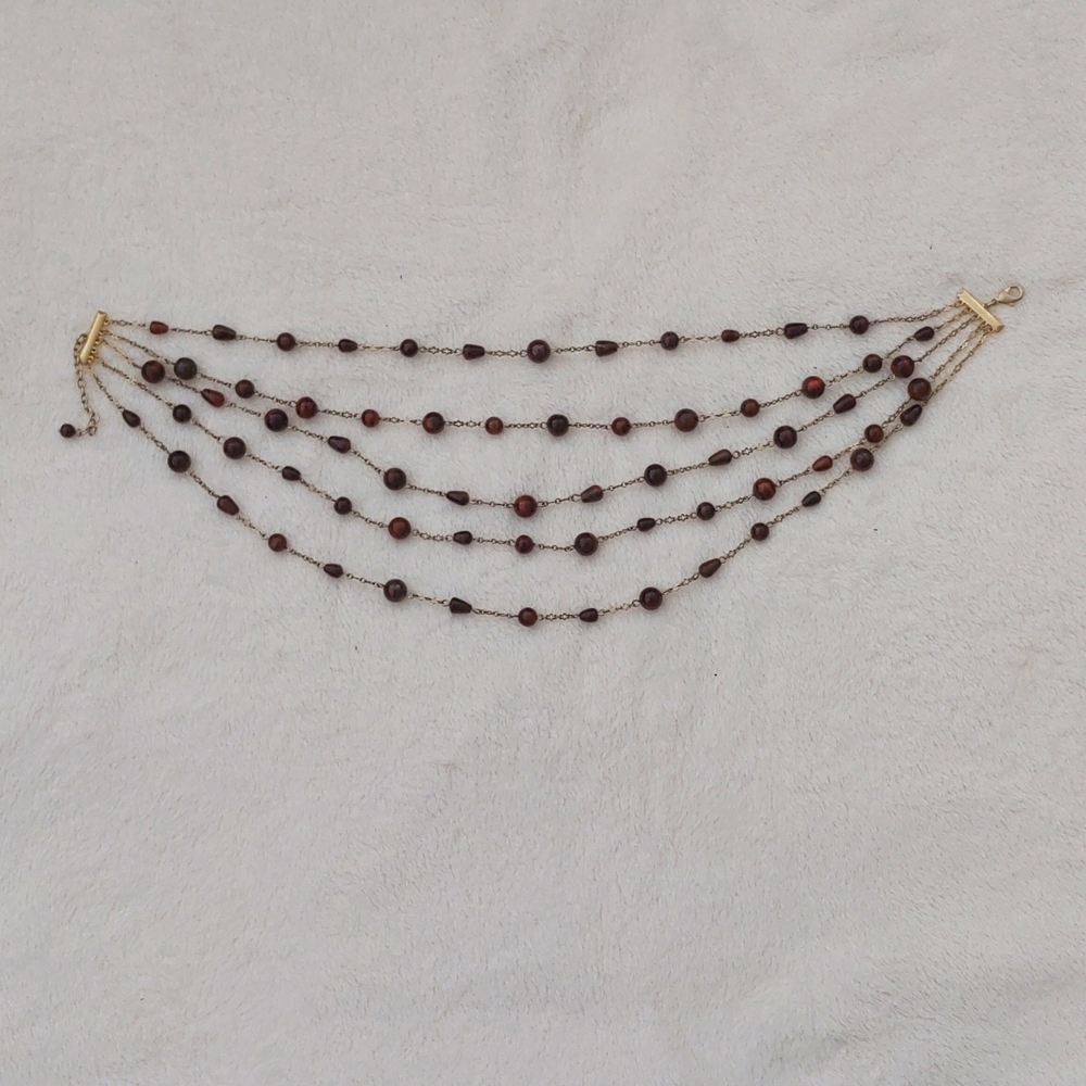 SALE: Gold-Colored Five Chain Necklace with Small Dark Brown Beads - Picture 3 of 10